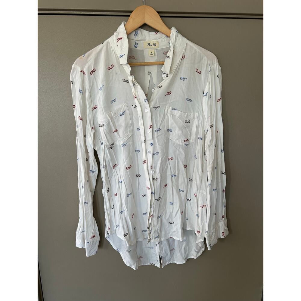 Per Se White ButtonDown Shirt All Over Eyeglasses Print Long Sleeve novelty